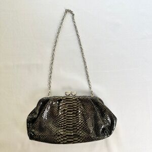 Brighton Clutch Purse Snakeskin Embossed Silver Chain Heart Clasp Evening Bag